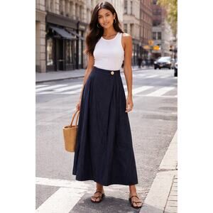 Urban Revivo Denim Midi Skirt US 6 Dark Wash A-Line Pleated High Waist
